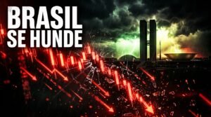 Gráfico bursátil rojo en caída libre sobre el Congreso Nacional de Brasilia con el texto Brasil se hunde