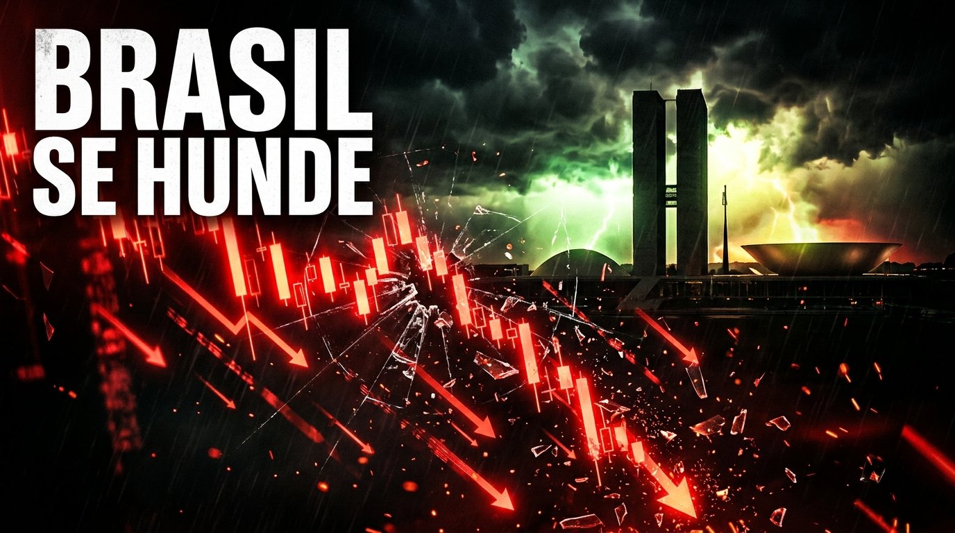 Gráfico bursátil rojo en caída libre sobre el Congreso Nacional de Brasilia con el texto Brasil se hunde